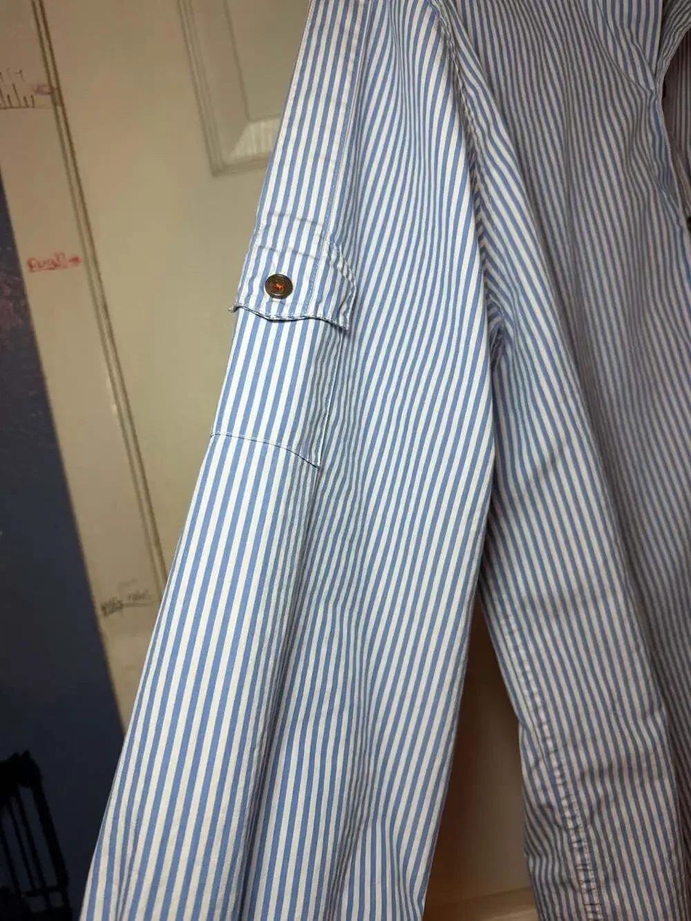 Michael Kors Women's Blue and White Striped Long Sleeve Roll-Tab Button-Down Shi